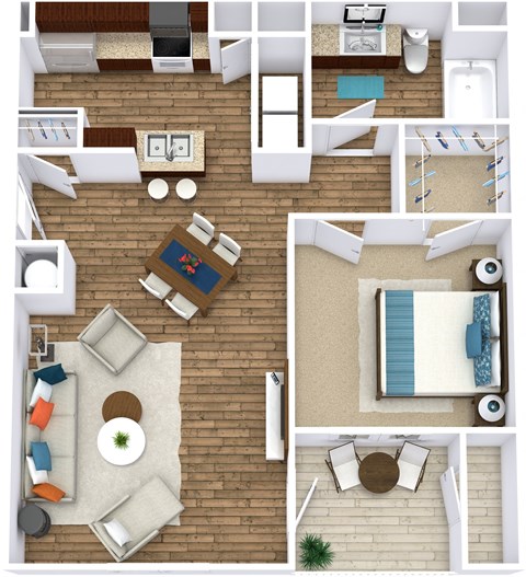Floor plan for 1 bed, 1 bath, 732 sqft
